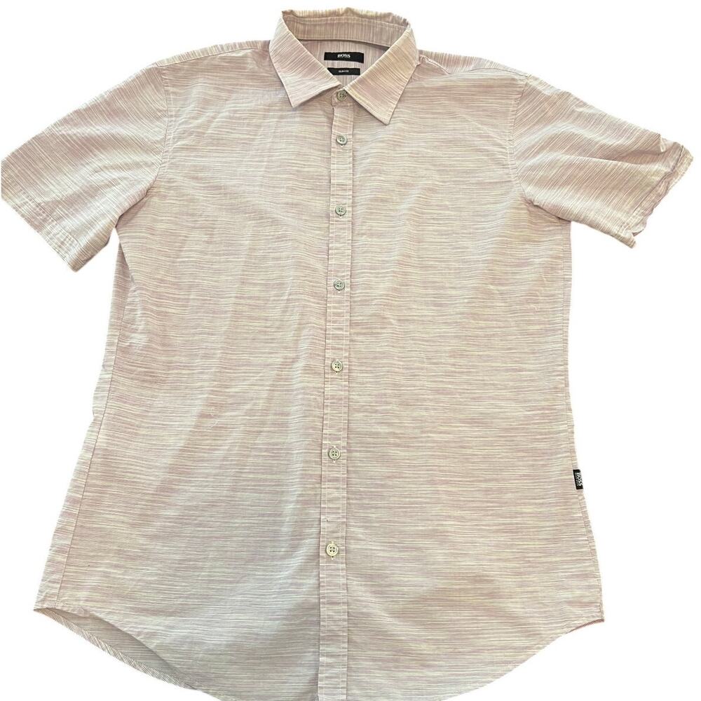 Hugo Boss Slim Fit Button Up Shirt Mens M Pink White Short Sleeve